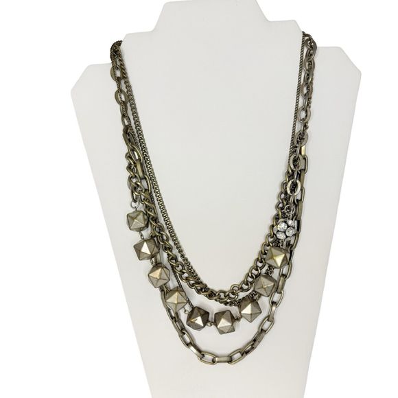 Vera Wang Layered Rhinestone Gunmetal Statement Necklace 22” Multi Chain - Picture 2 of 12